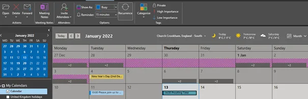 Calendar in Outlook 2