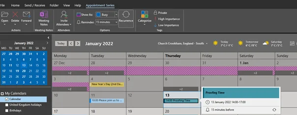 Calendar in Outlook