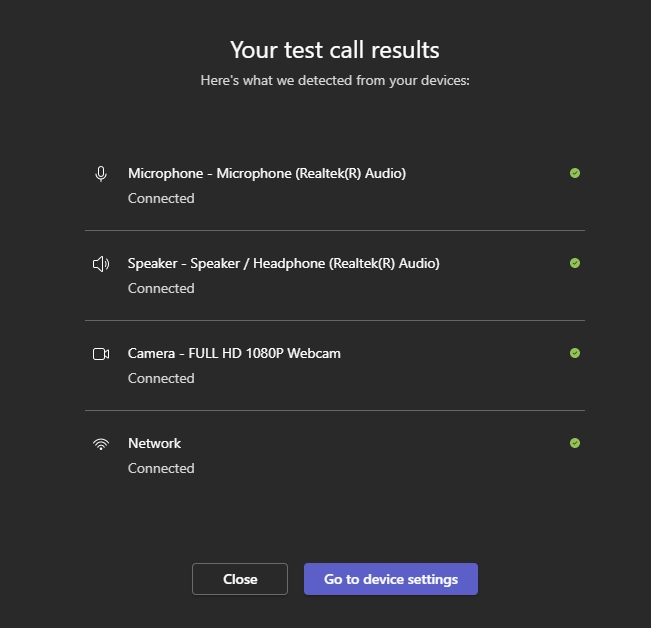 screenshot of your test call results on teams
