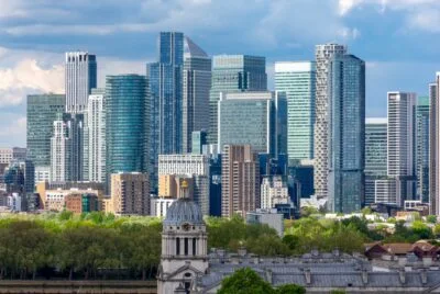 Canary Wharf skyscrapers seen from Greenwich park,